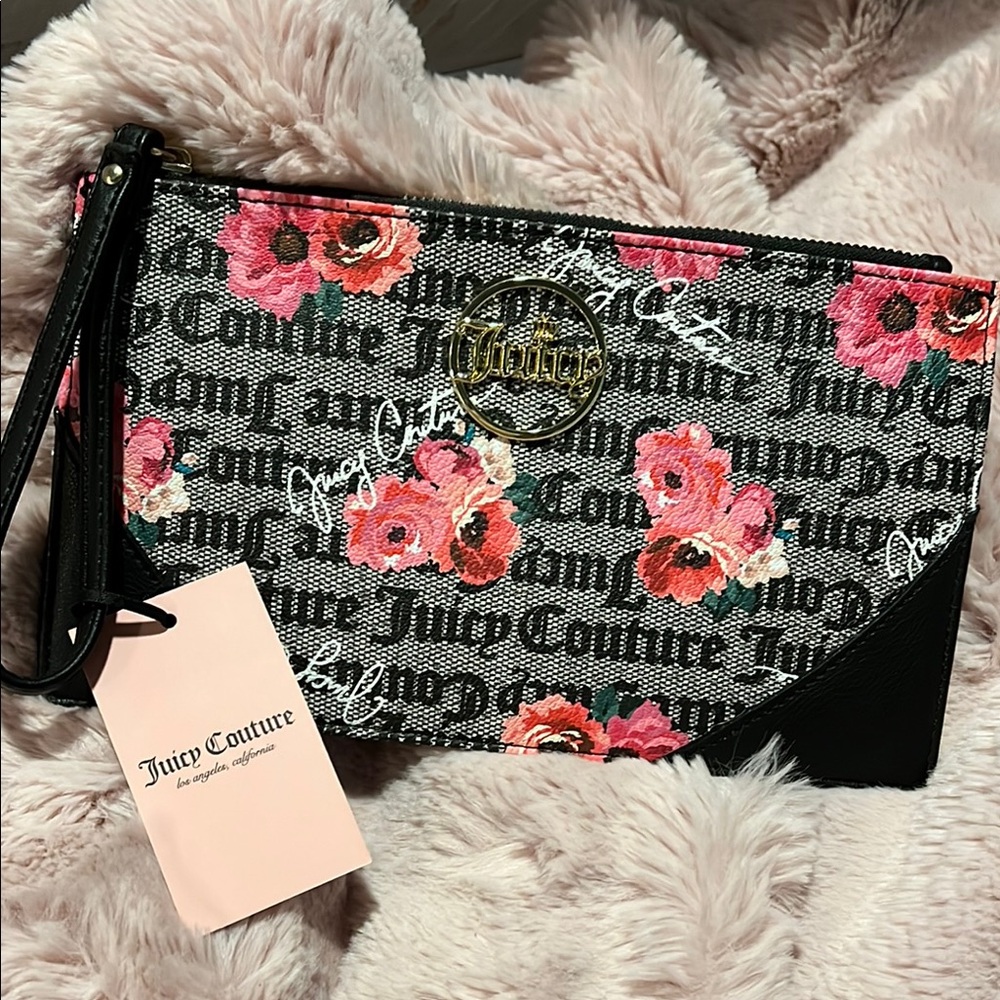 Juicy Couture Black and Pink Floral Wristlet
